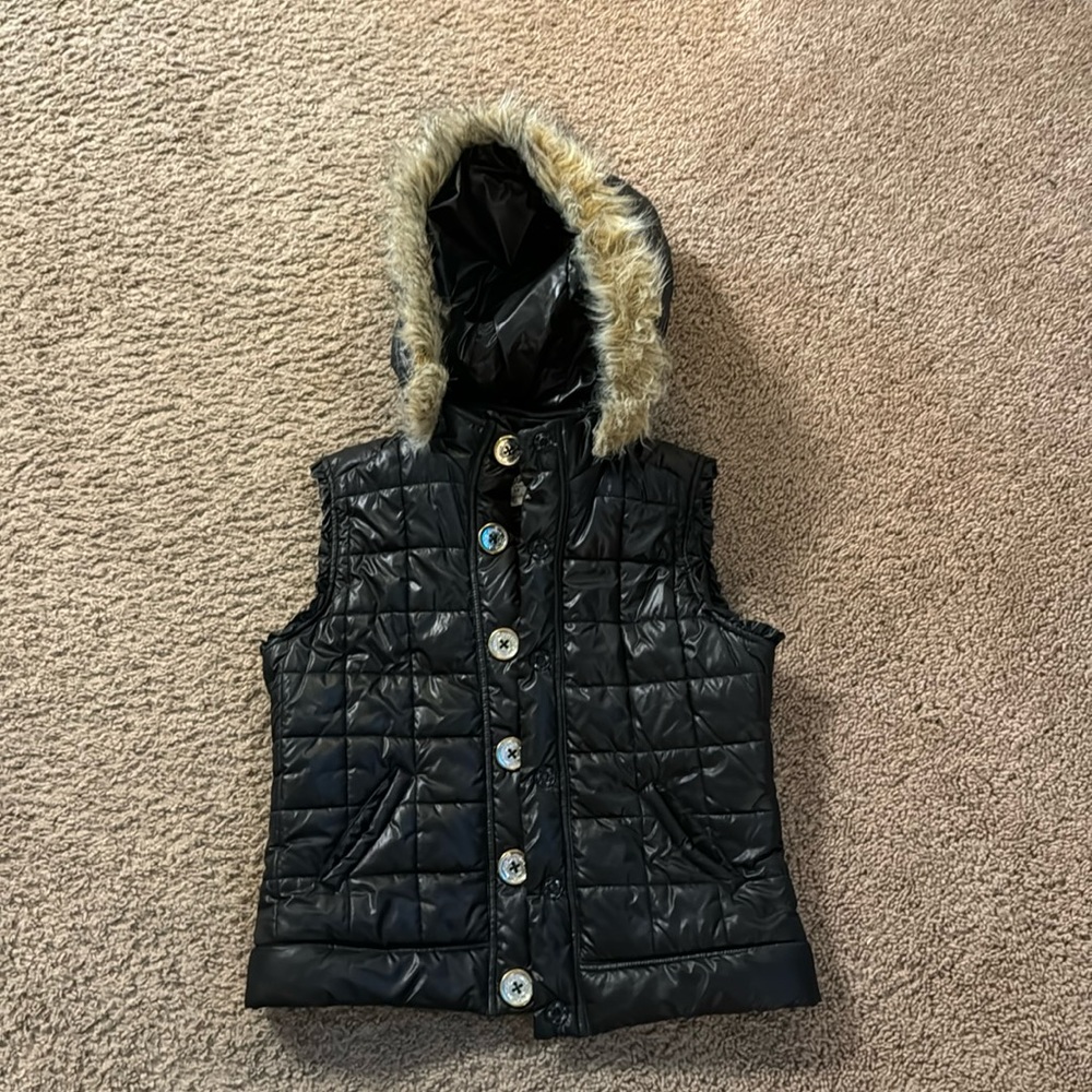 Justice brand puffy vest with faux fur lined hood. Size 14